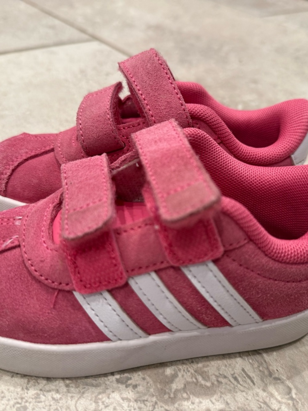 adidas Kids Pink Suede Velcro Sneakers with White Stripes